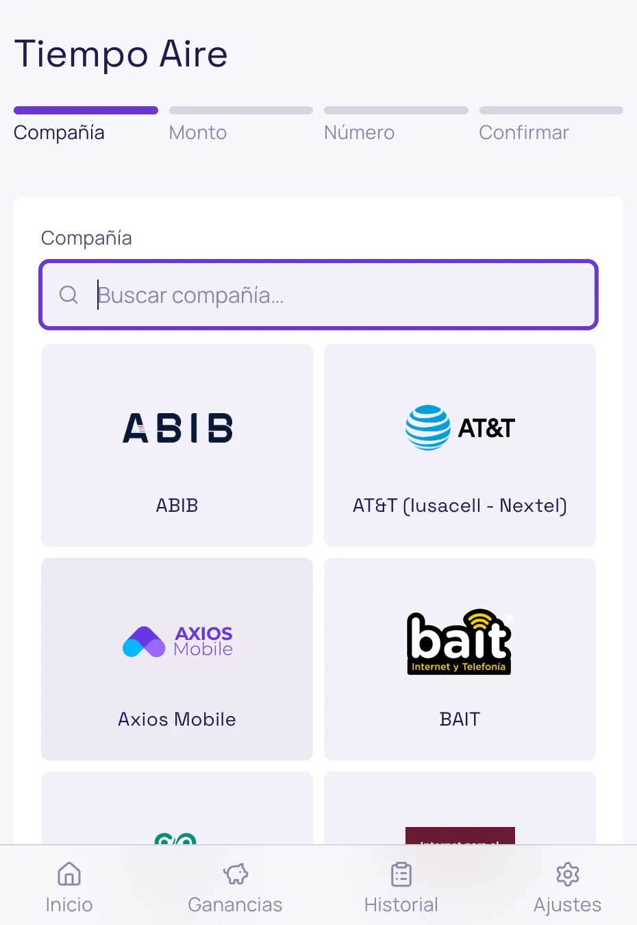 Pantalla de Bitsavi POS mostrando la selección de compañía para una recarga de tiempo aire