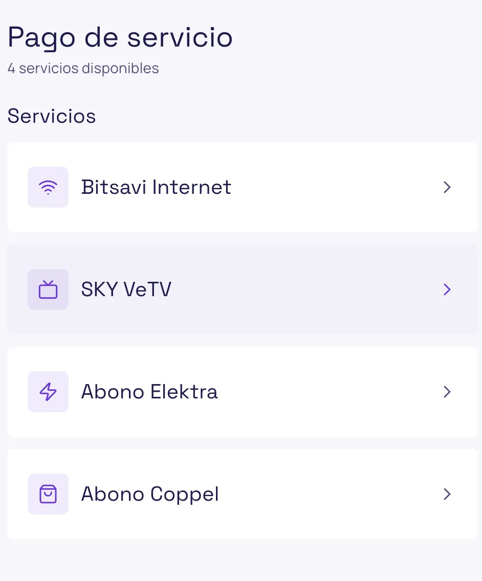 Bitsavi POS: menú de pago de servicio